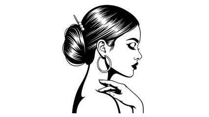 Elegant Woman Profile Portrait, Updo Hairstyle, Large Hoop Earring, Black and White Line Art © ISLAH