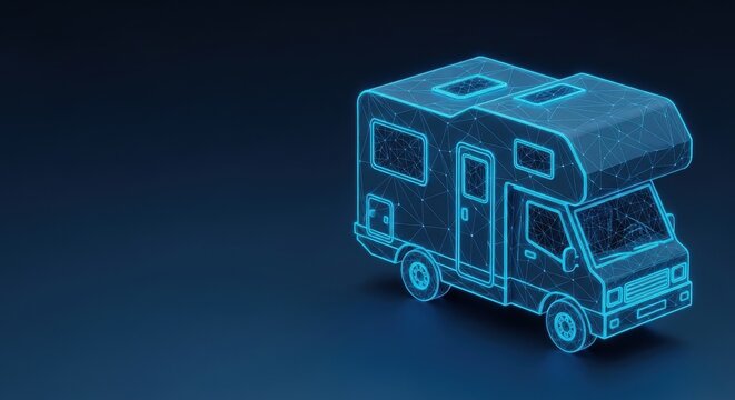 Futuristic digital RV motorhome depicted with neon blue wireframe lines on a dark background
