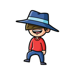 Obraz premium cartoon boy wearing red shirt and wide brimmed blue hat