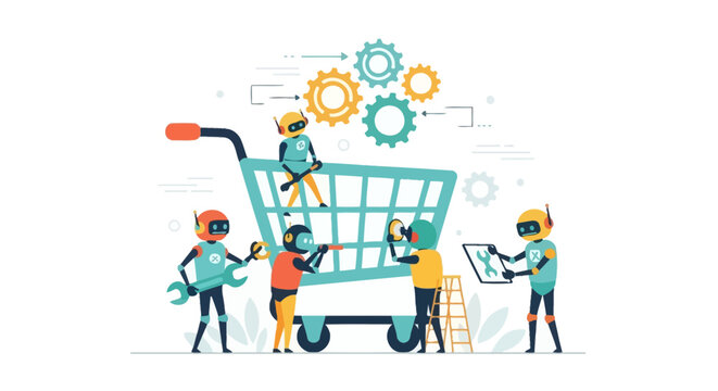 AI Robots Optimizing E-commerce: Bots Servicing a Shopping Cart with Gears, Illustrating Digital Retail Automation and Process Improvement