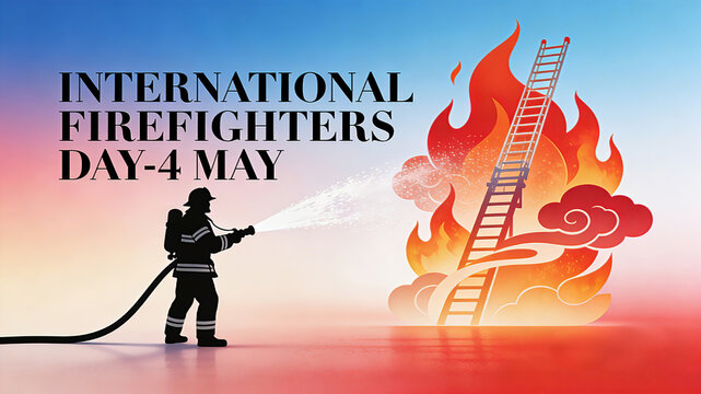 The International Firefighters' Day poster featuring firefighters spraying water and ladder flames, representing the fearless stance of a contrarian with a gradient background,
