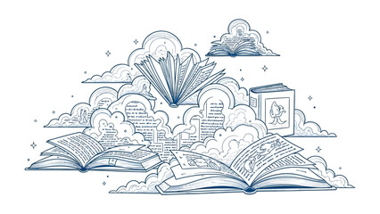 Dreaming in Pages: An enchanting illustration presents a scene where books take flight amidst a whimsical cloudscape, representing the limitless imagination found within literature. © Maira