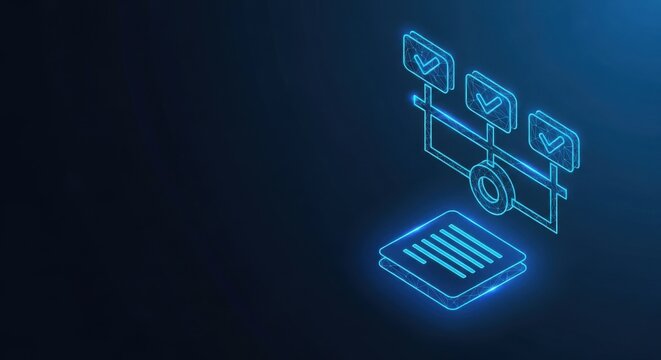 Neon blue isometric diagram representing workflow and task completion with checkboxes and document