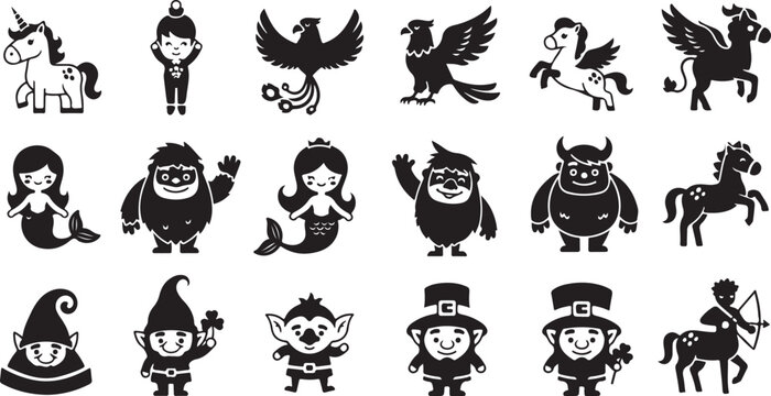 Black and white cartoon of children and animals in various poses and expressions
