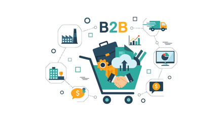 Fototapeta premium B2B Business to Business Concept: Enterprise Solutions, Supply Chain, Partnership, Logistics & Digital Commerce Ecosystem Illustration