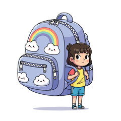 Fototapeta premium Child carrying an oversized purple backpack with rainbow clouds