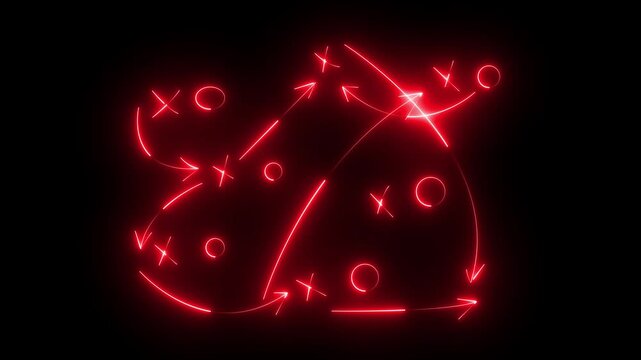 Glowing neon line American football plays - loop American football game plan diagram of Xs and Os offensive strategy with alpha matte in high definition. Animation motion graphics 4k video
