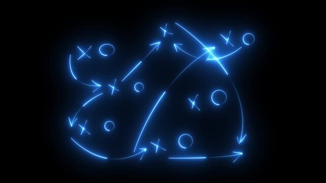 Glowing neon line American football plays - loop American football game plan diagram of Xs and Os offensive strategy with alpha matte in high definition. Animation motion graphics 4k video
