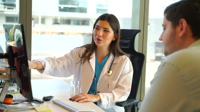 A female doctor in a white coat sits at a desk with a computer, explaining test results to a male patient in a modern office setting with natural light.