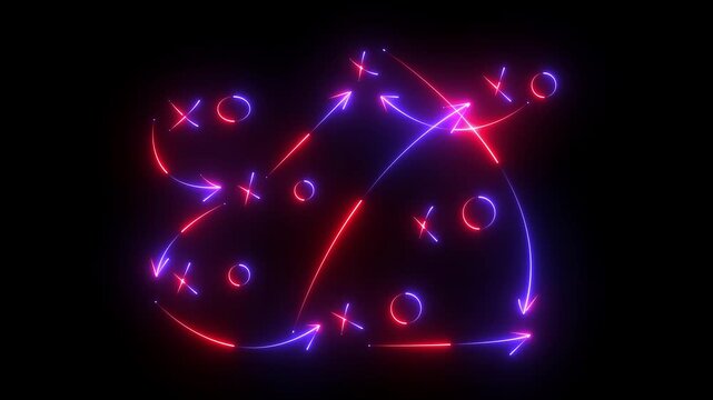 Glowing neon line American football plays - loop American football game plan diagram of Xs and Os offensive strategy with alpha matte in high definition. Animation motion graphics 4k video