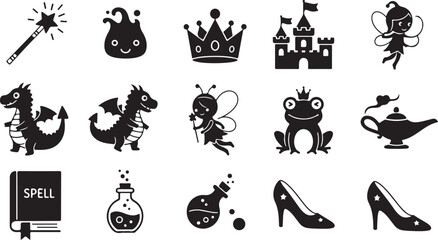 Fototapeta premium Black and white line collection of magical creatures and fantasy line magical creatures witch broomstick