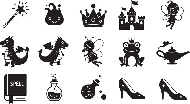 Black and white line collection of magical creatures and fantasy line magical creatures witch broomstick