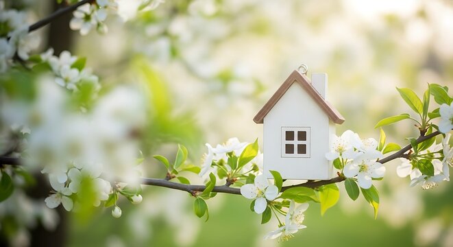 Miniature white house on a blooming tree branch with green leaves and white flowers