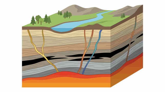 Cross-section of Earth's crust showing geological layers, river, mountains, and underground formations with various veins and magma.