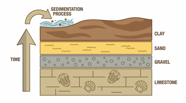 Illustration showing the geological layers of Earth's crust formed by the sedimentation process over time, with different types of sediment and fossils.