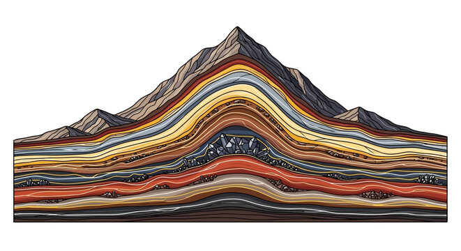Cross-section of a mountain revealing multiple geological strata and rock layers, illustrating earth's internal structure and geological processes.
