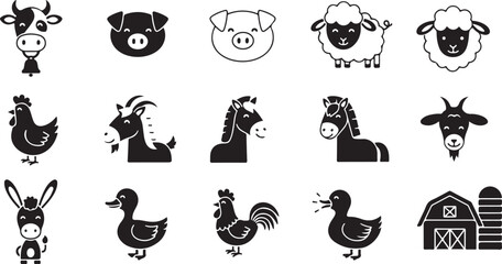 Fototapeta premium Black and white line collection of various animals and including a dog cat bird rabbit and house line animals