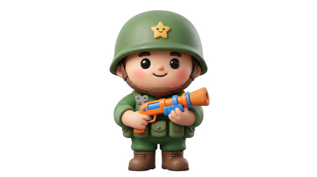 cute 3D emoji character as tiny soldier, wearing oversized helmet, holding stylized toy-like weapon, chubby body proportions