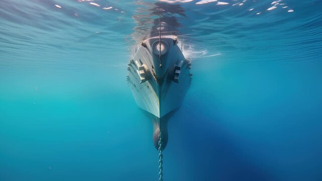 Submarine surfacing in deep blue ocean with wake and sunlight reflection