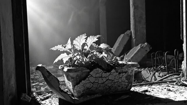 Black and white shot of a plant in a broken planter bathed in beams of sunlight in an abandoned building