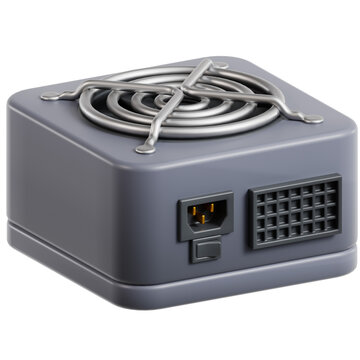 Detailed 3D render of a modern computer power supply unit (PSU), showcasing essential internal hardware for electronic systems, ideal for technology presentations and digital reports