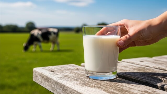 Dairy - Fresh Glass of Milk Held by Hand on Rustic Wooden Fence with Grazing Holstein Cow in Green Pasture