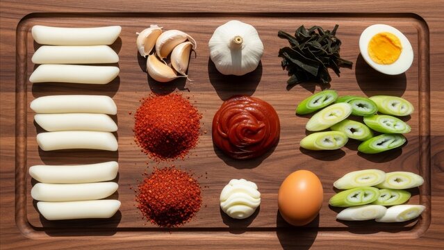 Korean ramen ingredients arranged on wooden tray featuring rice cakes garlic gochujang seaweed egg scallions spices overhead view