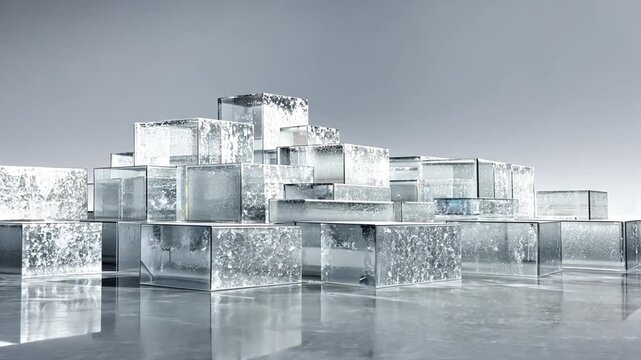 Abstract arrangement of transparent ice blocks on a minimalist background