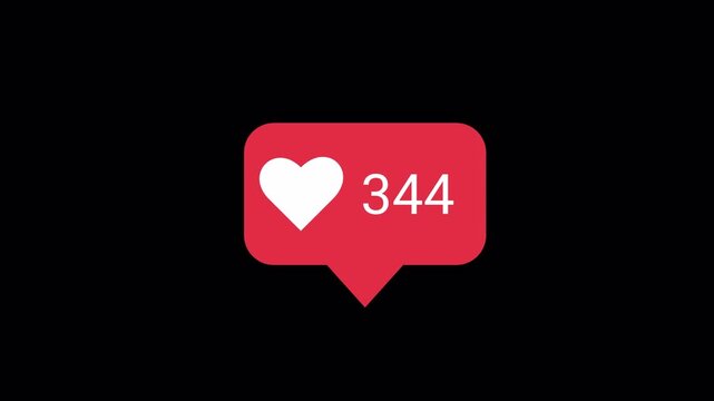 Animated social media notification love icon with counting number on alpha channel, for social media, animated increase the numbers. 4K Video