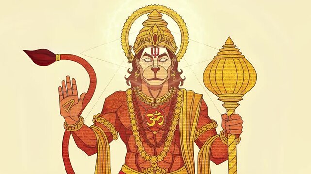 Illustration of Hindu deity Hanuman in golden armor holding gada
