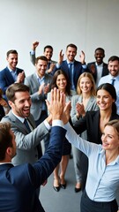Fototapeta premium Corporate event celebrating team achievements with high-fives indoors