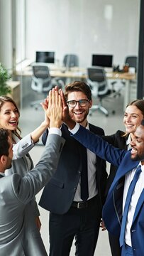 Team celebrating success at corporate office business environment group photo professional setting