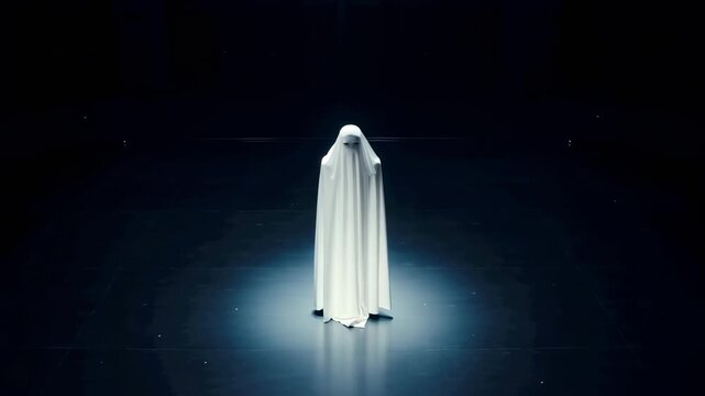 This features a solitary figure clad in a white robe illuminated by a bright spotlight in a darkened room, creating a dramatic and suspenseful atmosphere.