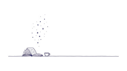 Reading Moment: A minimalist illustration of an open book beside a cup suggests a moment of tranquil reflection and literary enjoyment, inviting the viewer into a world of knowledge and serenity.