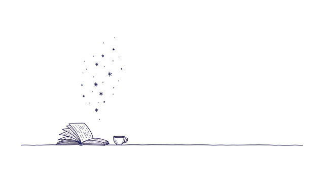 Reading Moment: A minimalist illustration of an open book beside a cup suggests a moment of tranquil reflection and literary enjoyment, inviting the viewer into a world of knowledge and serenity.