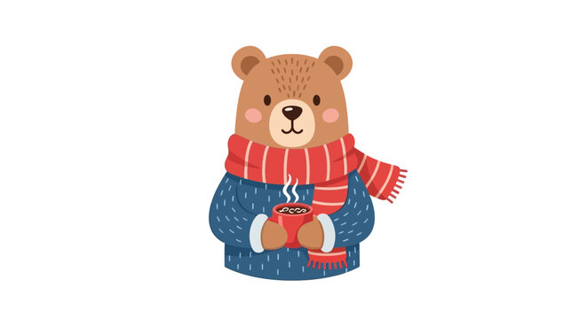 A cute brown bear in a blue sweater and red scarf holds a hot cup.
