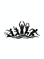 Obraz premium Male swimmers silhouettes in stylized water waves vector icon