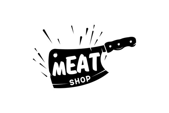 A bold, black and white meat cleaver logo design for a butcher shop or meat store, featuring text Meat Shop and dynamic splatters.