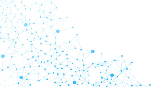 Abstract blue network of interconnected dots and lines representing modern technology, global communication, scientific data, and digital business connections.
