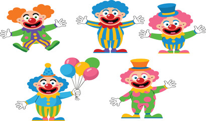 Fototapeta premium Colorful cartoon clowns with balloons, hats, costumes, exaggerated facial expressions, playful circus theme for children’s entertainment, party, and festive design illustrations
