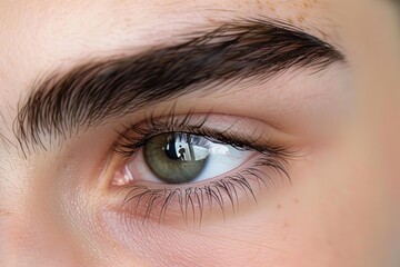 Obraz premium Green eye with long eyelashes and well defined eyebrow reflecting photographer
