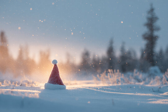 santa hat resting on wooden chair adorned with snowflakes gently falling in background