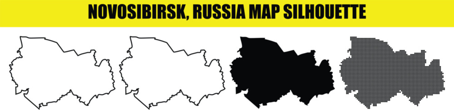 Novosibirsk, russia map silhouette with different styles: solid white, outline, solid black, and halftone dotted versions.