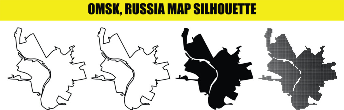 Omsk city map silhouette collection showing urban borders in solid black and outlined styles for geographic designs.