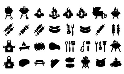 Fototapeta premium Barbecue and Grilling Icon Mega Set - Minimalist BBQ, Outdoor Cooking, and Steakhouse Vector Symbols