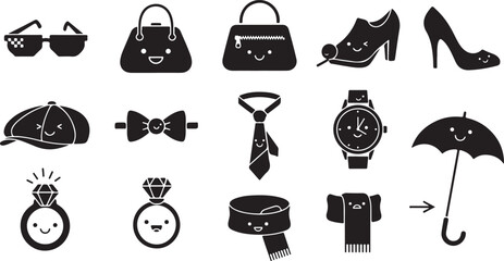 Black silhouette of various and animals including a bicycle helmet a hat a crown a bat a cat a clock a magnifying glass a key a trophy a hot air balloon a snail a mushroom a coffee cup a hammer a © MdAbu