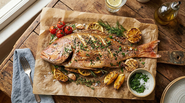 baked red snapper with herbs and citrus on parchment paper