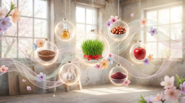 Traditional Haft-Seen items, including Sabzeh, garlic, apple, and sumac powder, are elegantly showcased in hanging clear glass ornaments for Nowruz celebration.