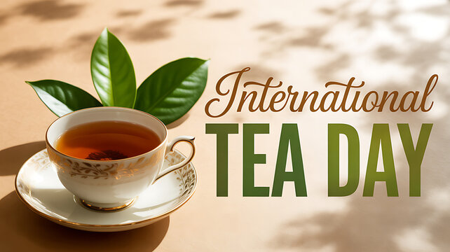 A cup of tea with green leaves on a saucer on a table celebrating international tea day with a warm and cozy atmosphere