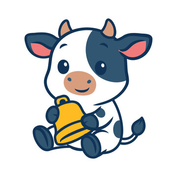 Cute Cow Holding Bell Cartoon Illustration